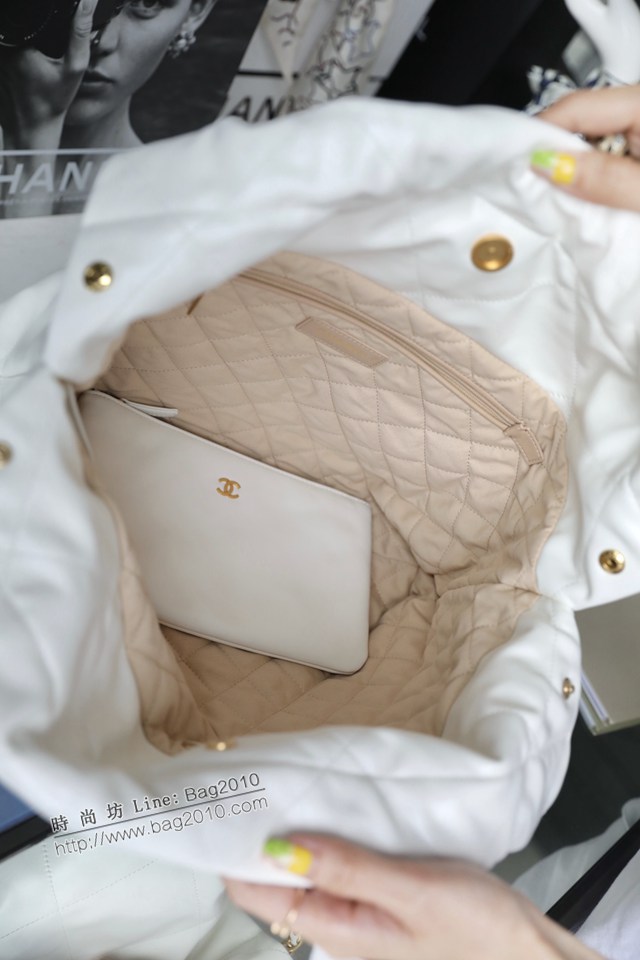 Chanel專櫃新款火爆中號22bag包購物袋 香奈兒收納袋白色黑扣原廠小羊皮鏈條肩背手袋手提袋 djc5260